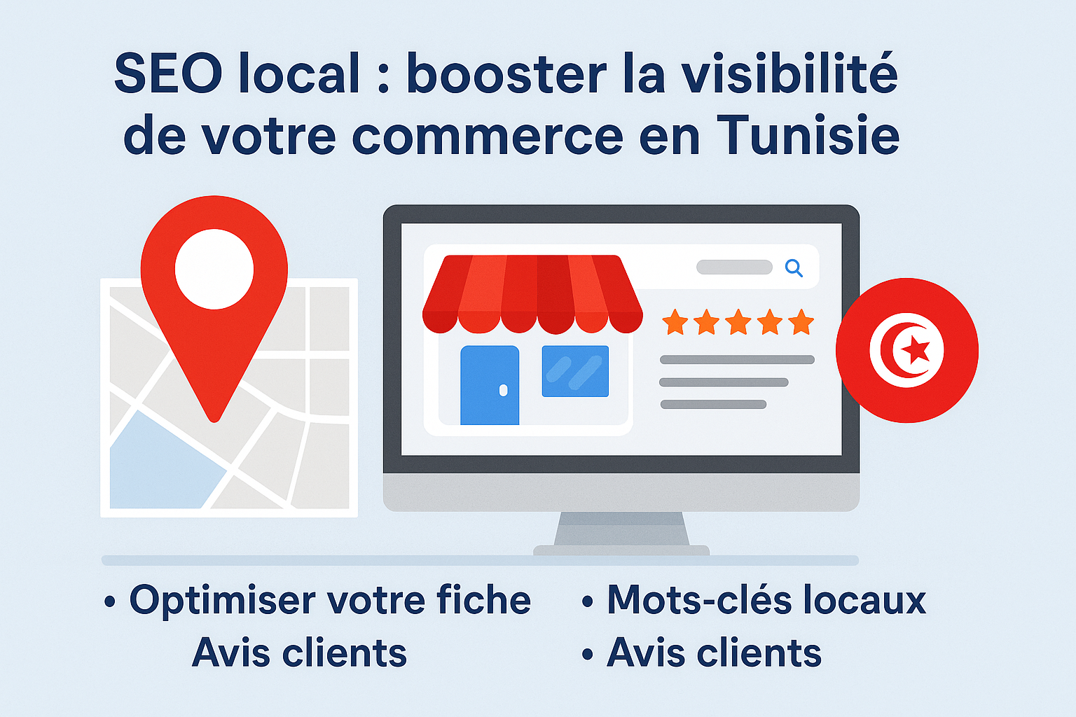 Illustration représentant l’importance du SEO local pour les commerces tunisiens, avec une carte Google Maps, une fiche entreprise optimisée et des avis clients positifs.