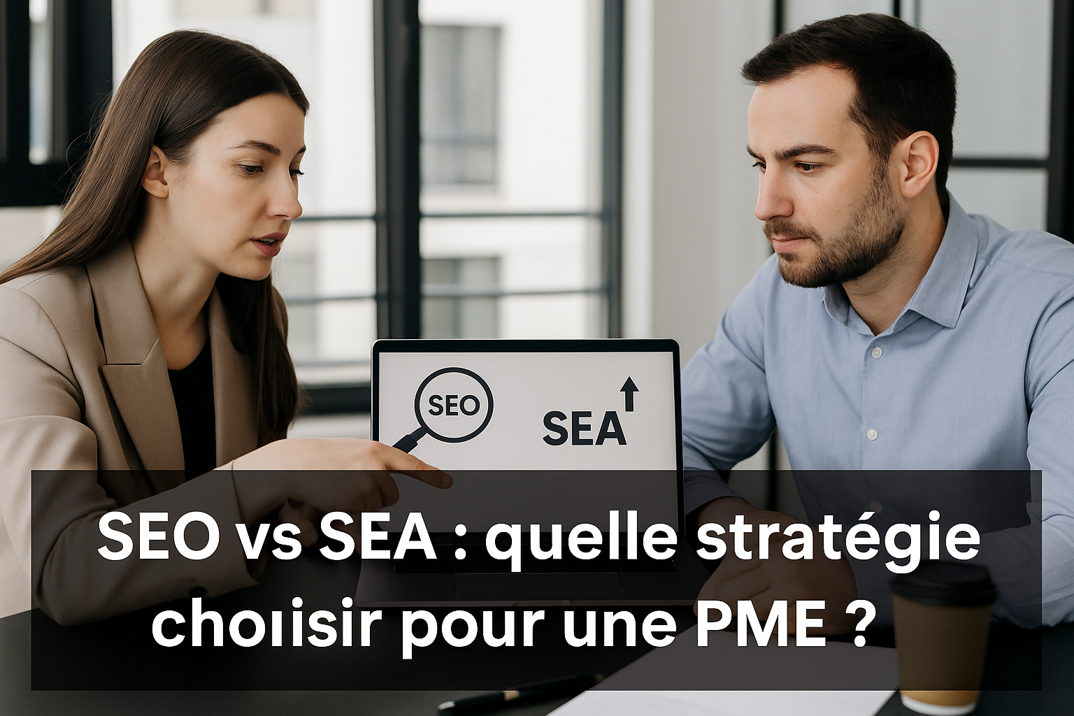 Comparaison SEO vs SEA pour PME sur ordinateur portable en réunion professionnelle