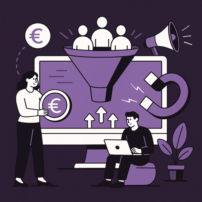 Illustration génération de leads PME avec entonnoir marketing et prospects qualifiés